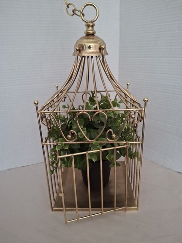 Gold Finish Metal  Heart Bird Cage+Adj Hanging Chain Wedding Card Holder Planter