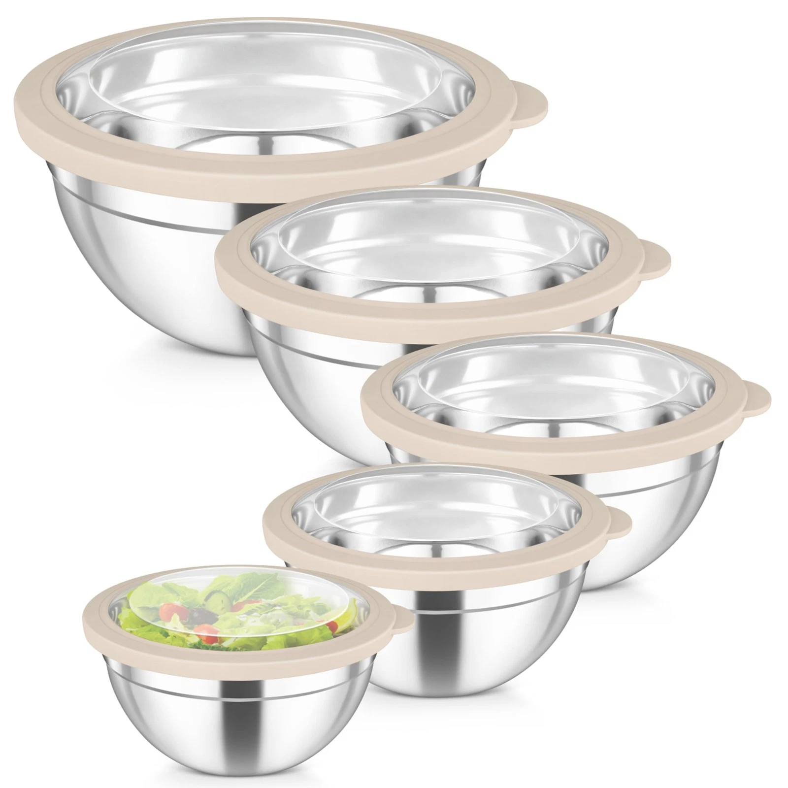 Mixing Bowls, 4.5/3/1.5/1/0.7 QT Stainless Steel Nesting Salad Bowls with Vis...