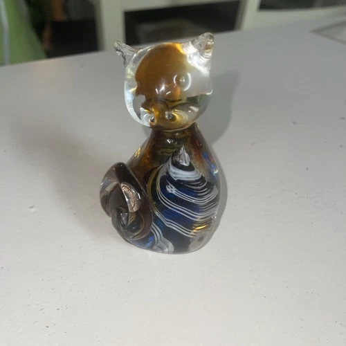 Murano Style Glass Cat Paperweight Amber Tones