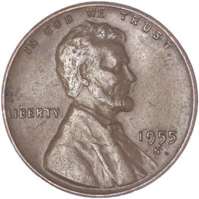   1955-S Lincoln Wheat Cent Average Circulated Copper 1c From OBW Coin Roll