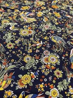 100% Mulberry Silk Scarf Crepe de Chine Navy Rainbow Birds & Flowers 50x185cm