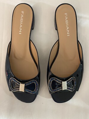 Fabiani Italian Designer Blue Patent Leather Rhinestones Slide Sandal Sz 38/ 7.5
