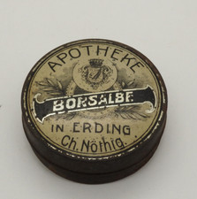 antike Miniatur Blechdose Borsalbe, Apotheke Ch. N&ouml;thig, Erding