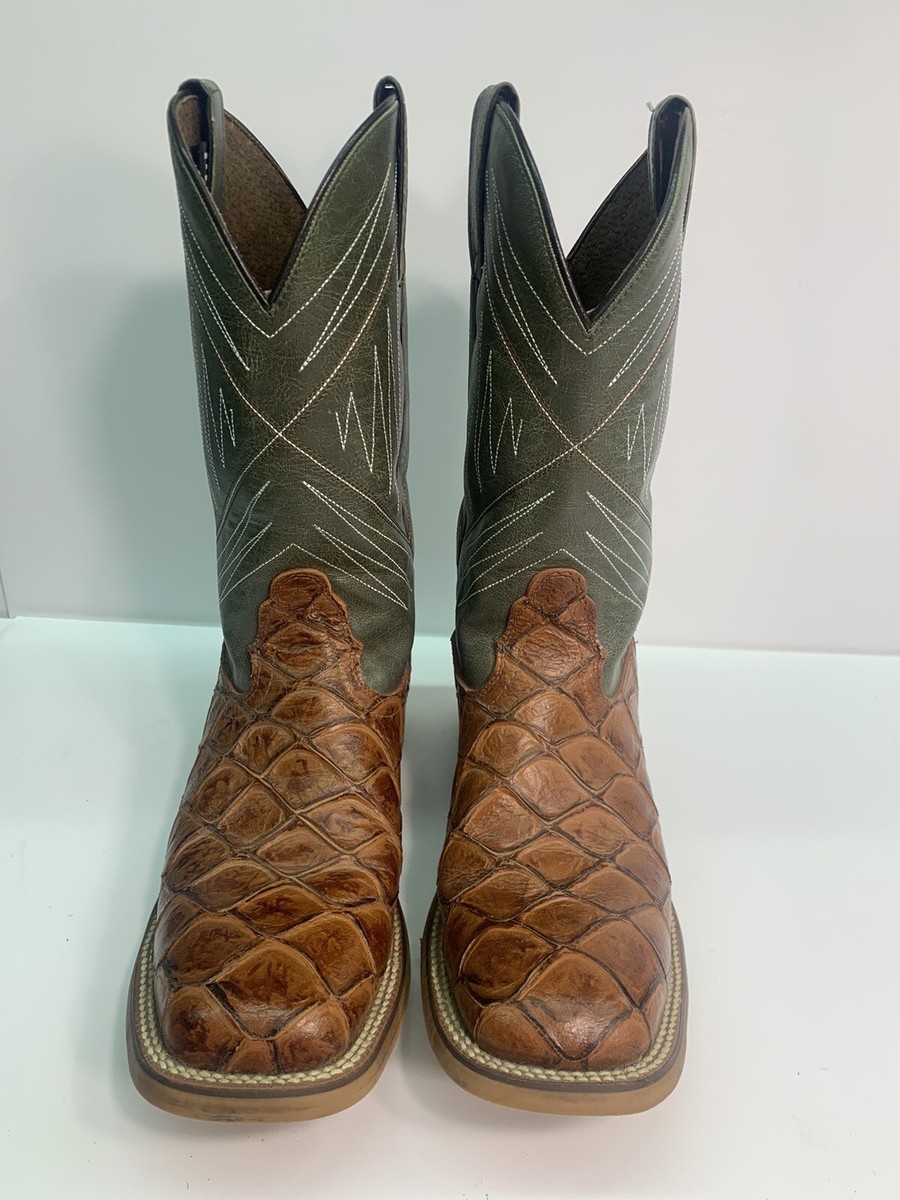 NOCONA Men's Newt Cognac Boots Size 7.5 D Green Brown Fish Print