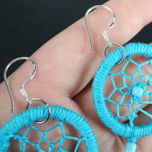 Orecchini Boho Piuma Acchiappasogni Blu Argento Sterling 925, Fatti a Mano - Foto 3 di 5