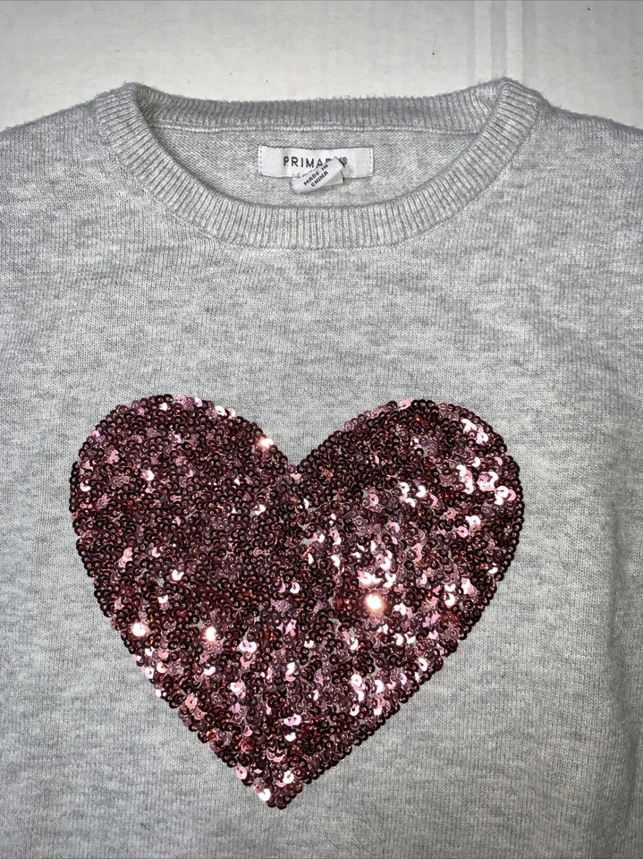 Preowned- Primark Long Sleeve Slim Fit Heart Sequins Sweater Girls (Size 8-9Y) - Image 3 of 4