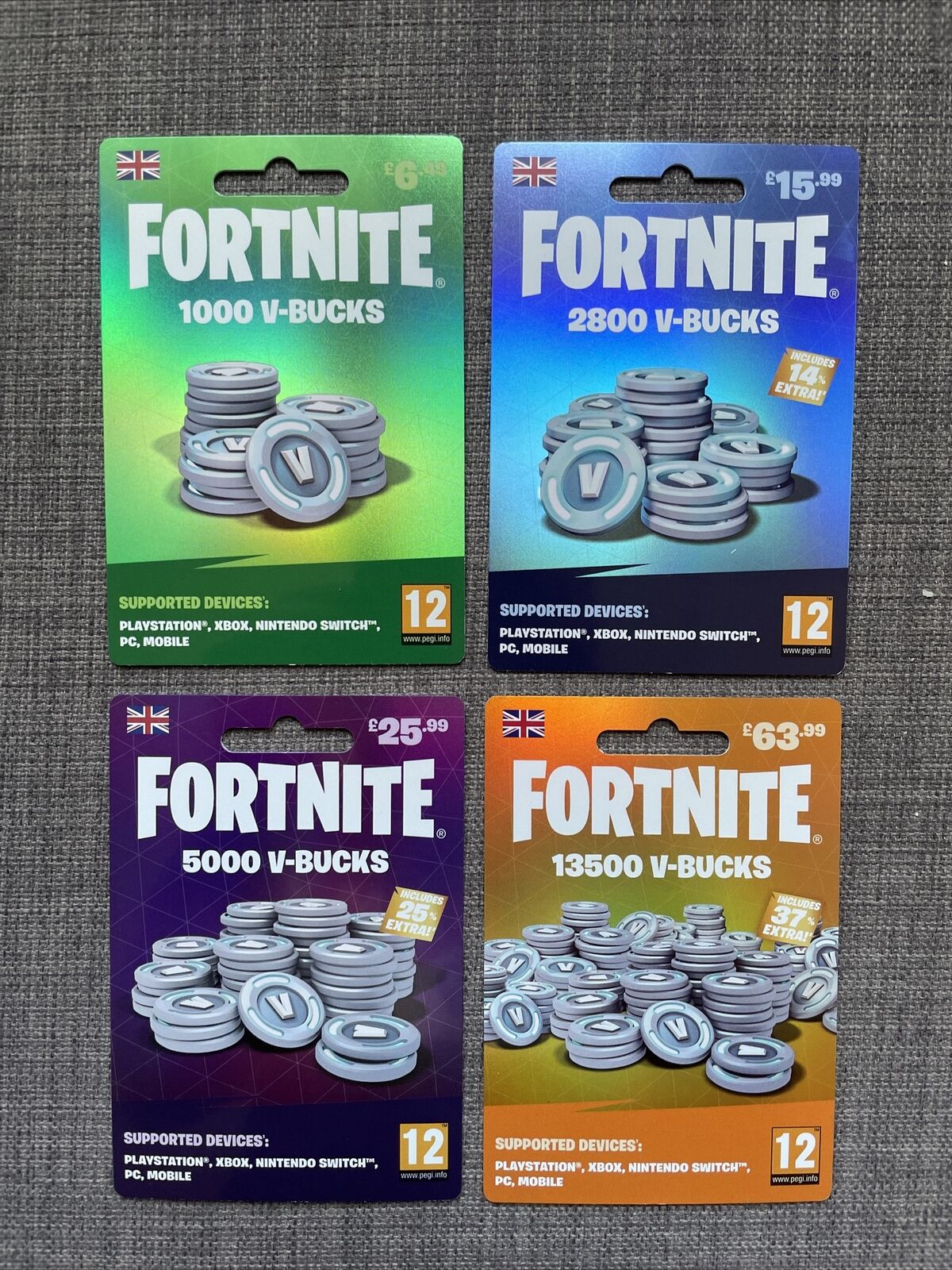 FORTNITE 1000 2800 5000 13500 V-Bucks GIFT CARD FULL SET UK Edition (NO V- BUCKS)