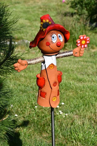 Keramik Gartenstecker Dekoration Statue Vogelscheuche H45cm Midene Handgefertigt - Bild 6 von 18