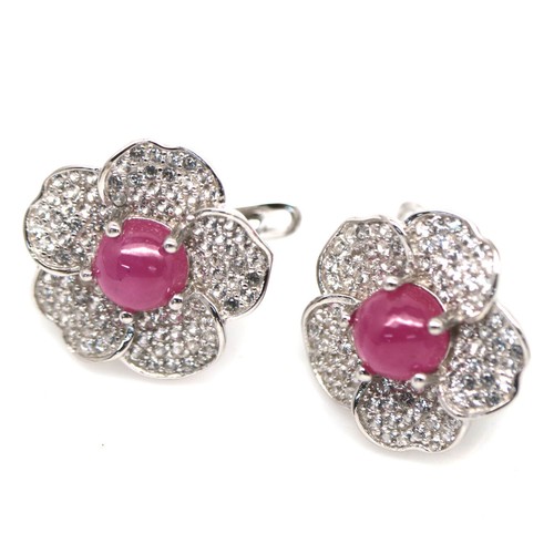 925 Sterling Silver 18K Gold Plated 6 mm. Pink Ruby & Cubic Zirconia Earrings - Picture 2 of 4