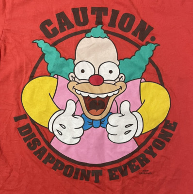 The Simpsons Krusty Clown Red Tee Medium 'Caution I Disappoint Everyone'