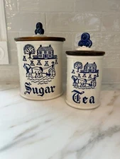 Metlox Poppy Trail Sugar and Tea Jar Set w/Lids Provincial Blue