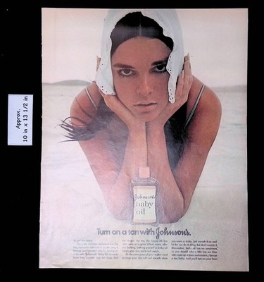 1971 Johnson's Baby Oil Turn On A Tan Summer Girl Laying On Beach Print Ad 55926