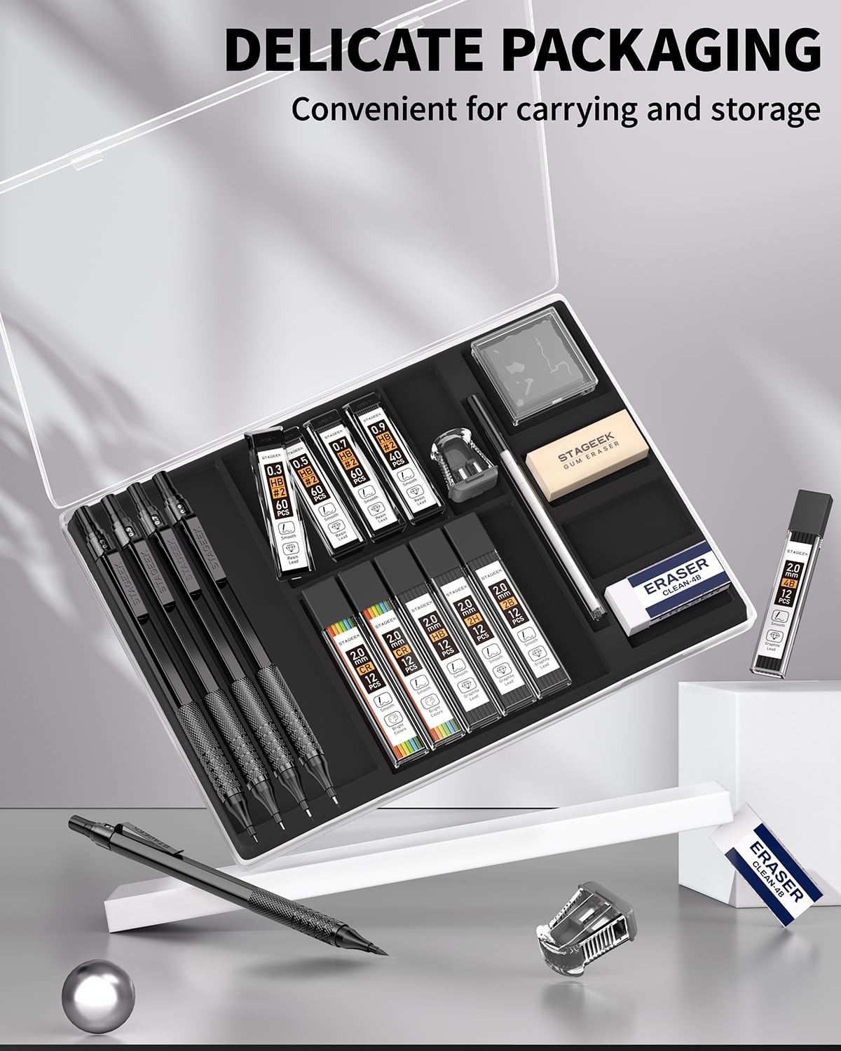 21 PCS Metal Mechanical Pencil Set with 10 Tubes Lead Refills Eraser Case