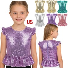 Kids Girls Shiny Sequins Tee Shirt Peplum Crop Tops Modern Dancewear Mermaid