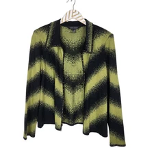 MING WANG Blazer Womens Medium Green Black Chevron Open Jacket Collared