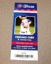 Chicago Cubs 4/14/2015 Full Ticket vs Cincinnati DeSclafani First Win For Reds