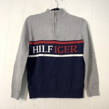 Tommy Hilfiger Boys Large 16/18 Sweater 1/4 Zip Knit Spellout Logo Grey Blue