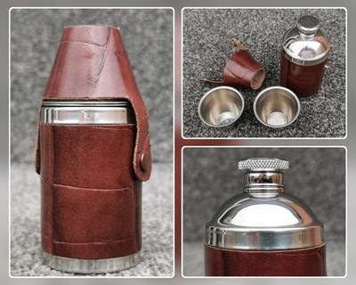 Vintage englischer 1/4 Pint Hunter Flachmann Kunstleder Edelstahl zwei Tassen