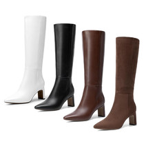 Women Low Chunky Block Heel Square Toe Side Zipper Fashion Knee High Boots