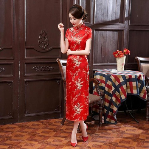 Traditional Chinese Women's Silk Satin Long Dress Cheongsam Qipao S-6XL RED - Picture 2 of 4