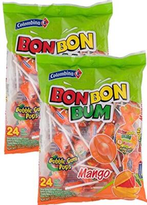 Colombina Bon Bon Bum Bubble Gum Filled Lollipops Mango Flavor 17oz 2 Pack