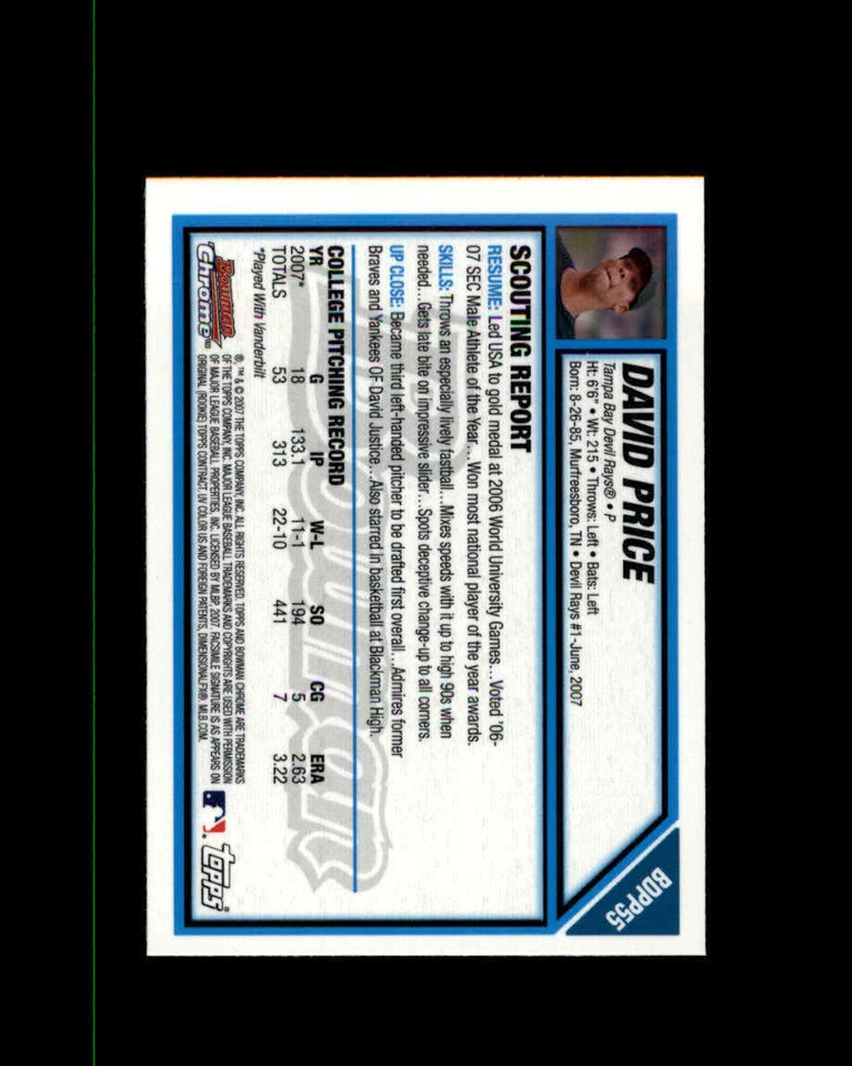 2007 Bowman Chrome Draft Draft Picks #BDPP55 David Price (ref 164075) - Image 2 of 2