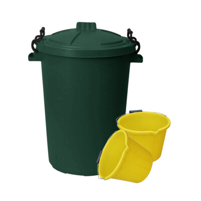 50L Grün Eimer Schwerlast Clip Verschluss Deckel & 2 x 3 Gallonen Gelb Eimer Futter Aufbewahrung