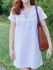 NWT $110 Madewell Harbor Lace-Up Shift Dress Striped White Blue Sz XXS F2186