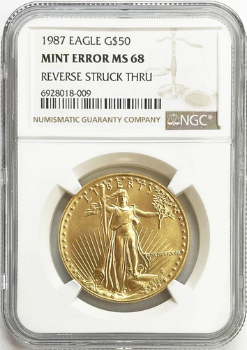 1987 GOLD MINT ERROR REVERSE STRUCK THRU 1 OZ $50 AMERICAN EAGLE COIN NGC MS 68