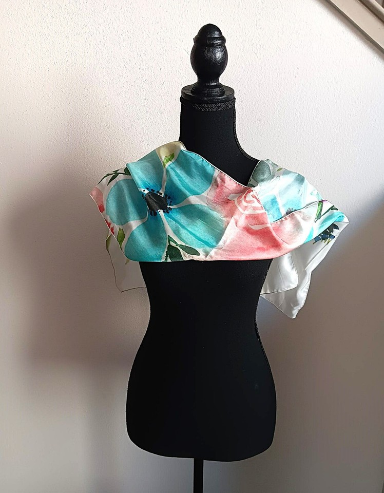 Blue silk flower print long scarf, floral headwrap eBay