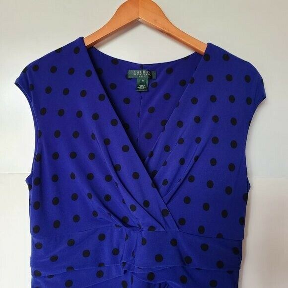 Ralph Lauren Women's  Blue Faux Wrap Stretch Cap Sheath Polka Dot Dress 10 thumbnail 4