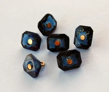VINTAGE MONTANA BLUE 6 FACETED GLASS OCTAGON BUTTONS BRASS SHANK • 10x8mm
