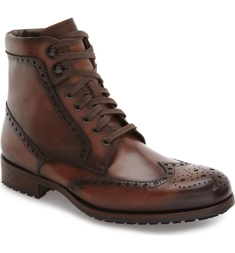 Handmade Men Wing Tip Brogue Lace Up Boot, Men Brown Ankle Leather Boot 7 to 17