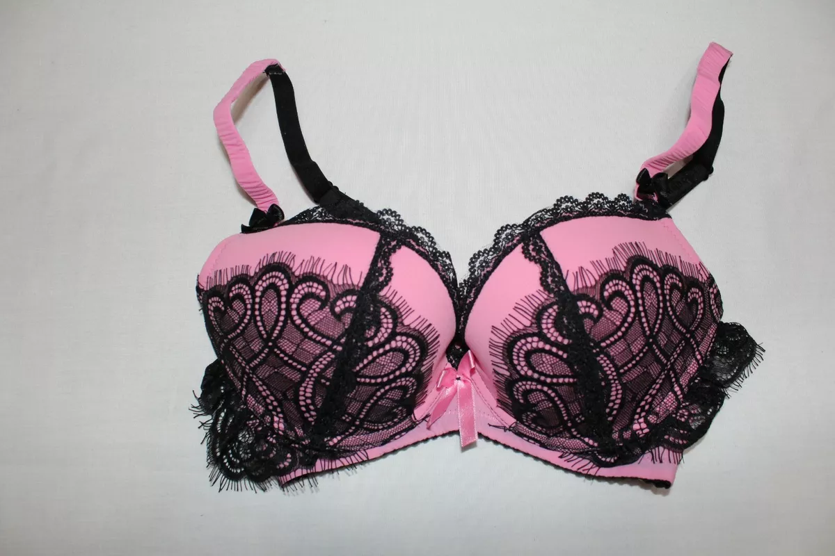 Black Hot Pink lace underwire push-up Bra- satin bow detail - Size 70A  France