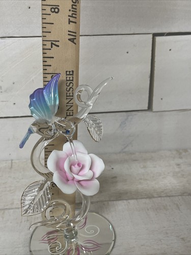 Baron Hummingbird and Pink Rose on Vine Handcrafted Glass Fast Ship - Picture 12 of 12