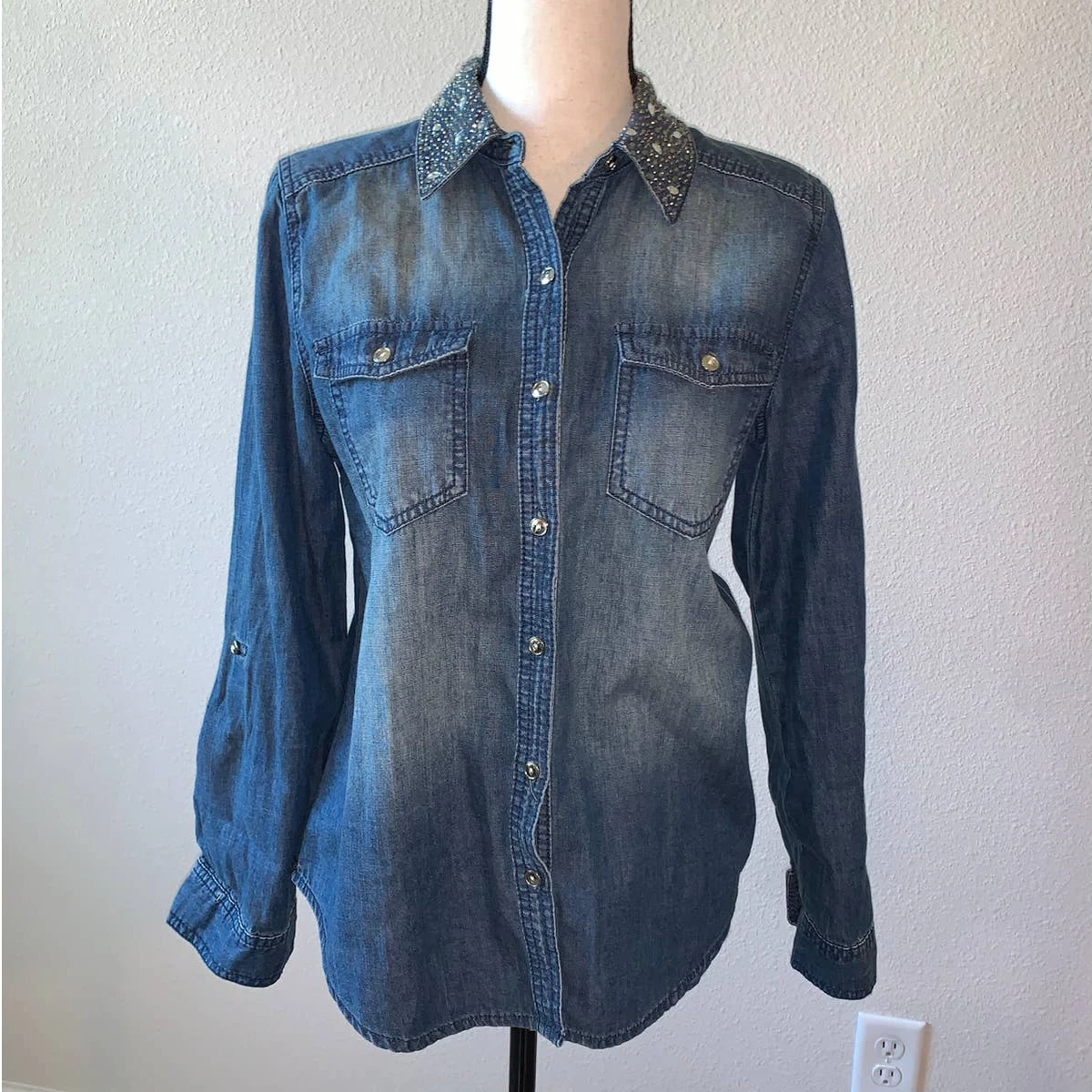 Chico s Denim Long Sleeve Shirt with rhinestone embellished collar
