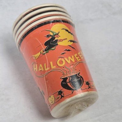 Vtg Lot 1940's Halloween Reed Co. Waxy Paper Cups Witch Cat Demon
