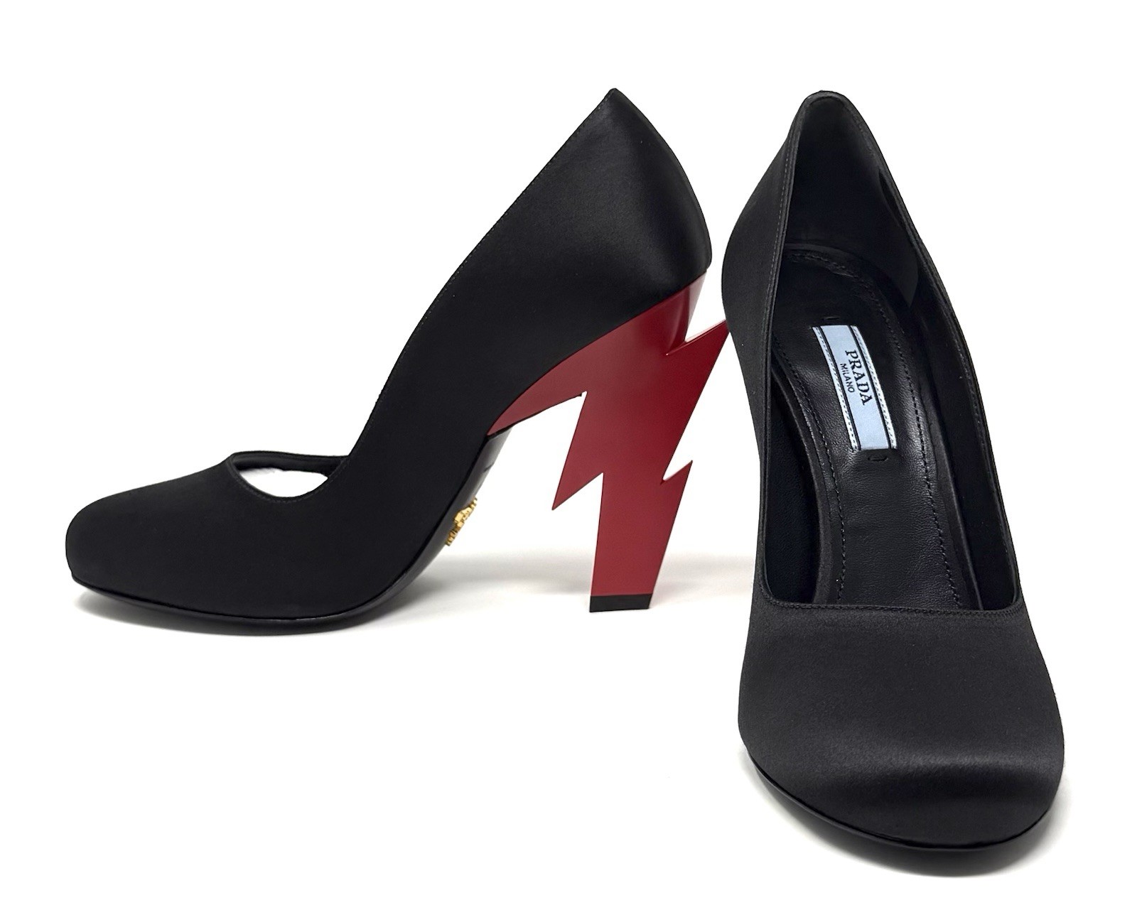 Prada Lighting Bolt Black Satin Pumps W Red Lighting-bolt Heel Size Eu 37 thumbnail 12