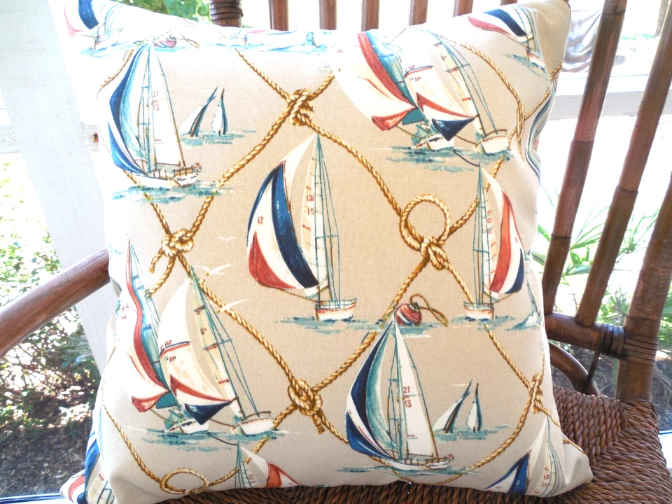 VELERO Exterior Lanzamiento Almohada Funda Barco Náutico en Rojo Azul Tostado 16 x 16 Foto 4 de 4