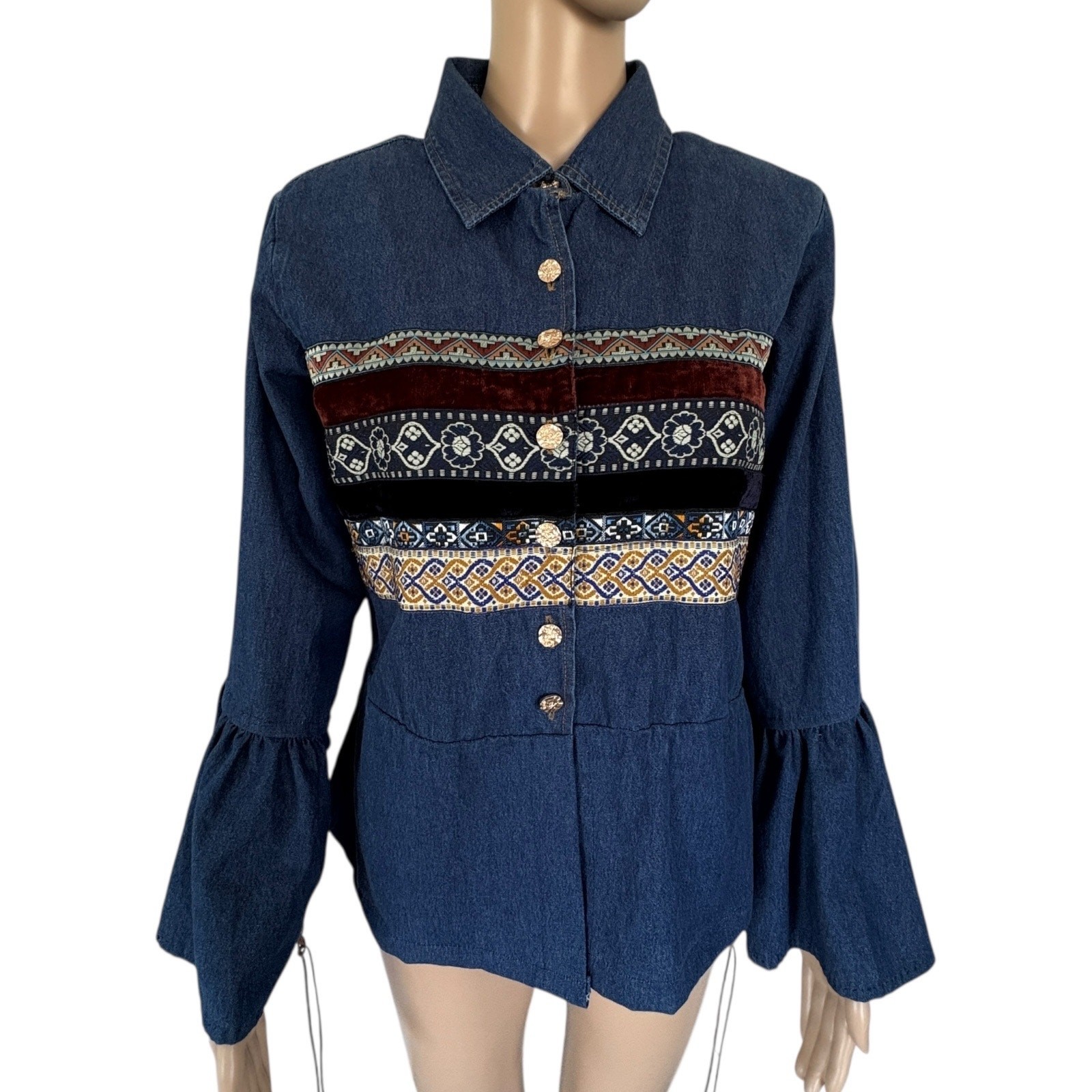 Upcycled Vintage Denim Jacket Boho Western Rodeo Horse Tapestry Lace Bell Sleeve