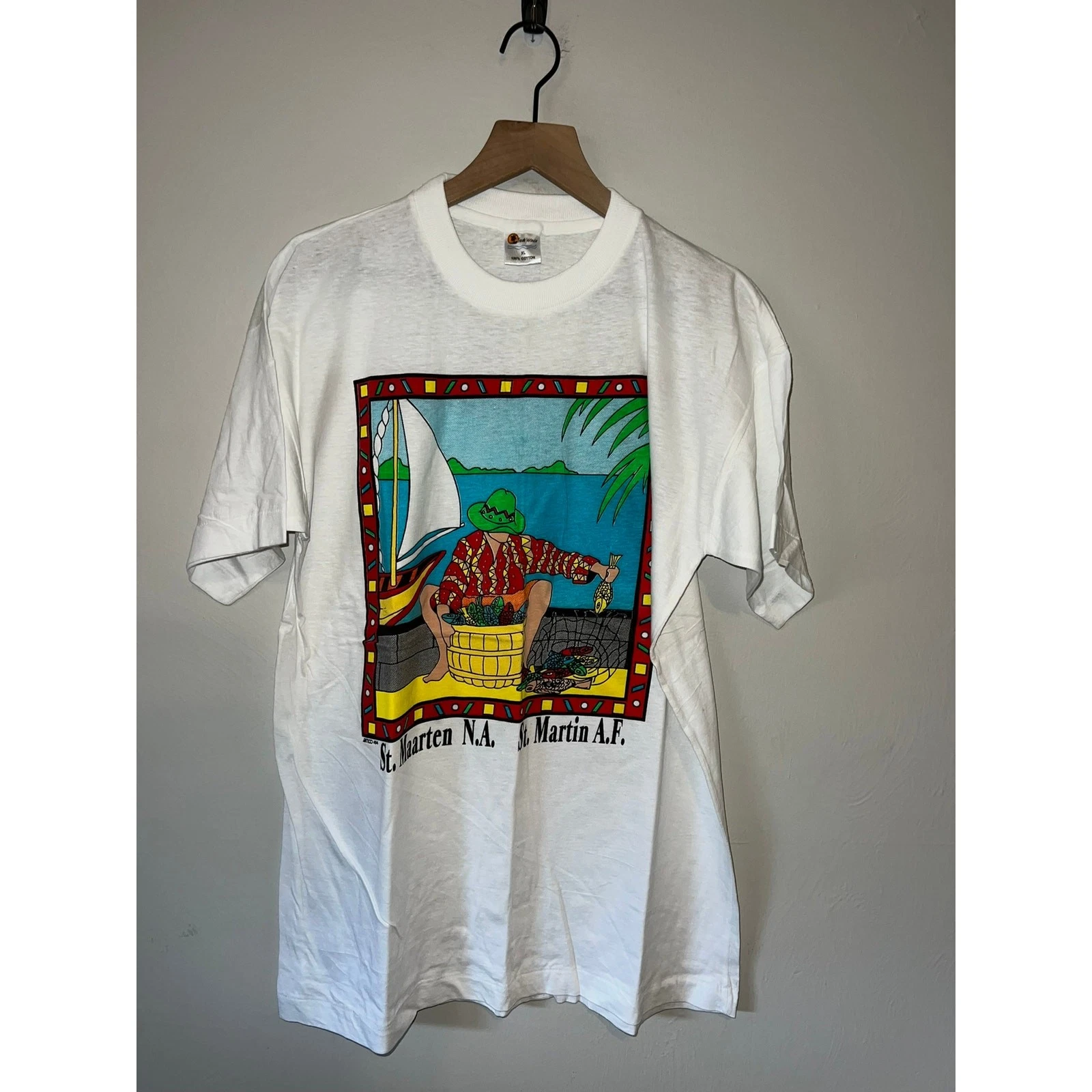 Vintage Fishing Shirt St. Maarten martin Fisherman Fish Art Artwork White VTG XL