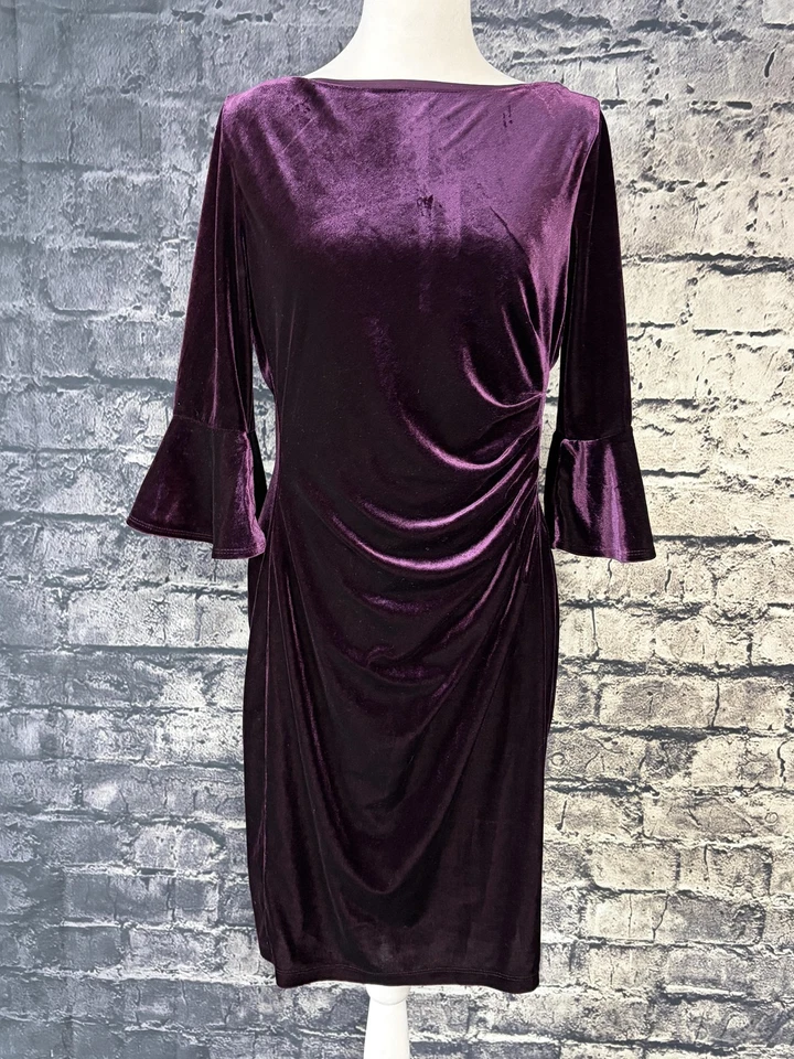 Lauren Ralph Lauren Dress Womens 10 Purple Velvet Ruched Bell Sleeve Sheath - Image 2 of 4