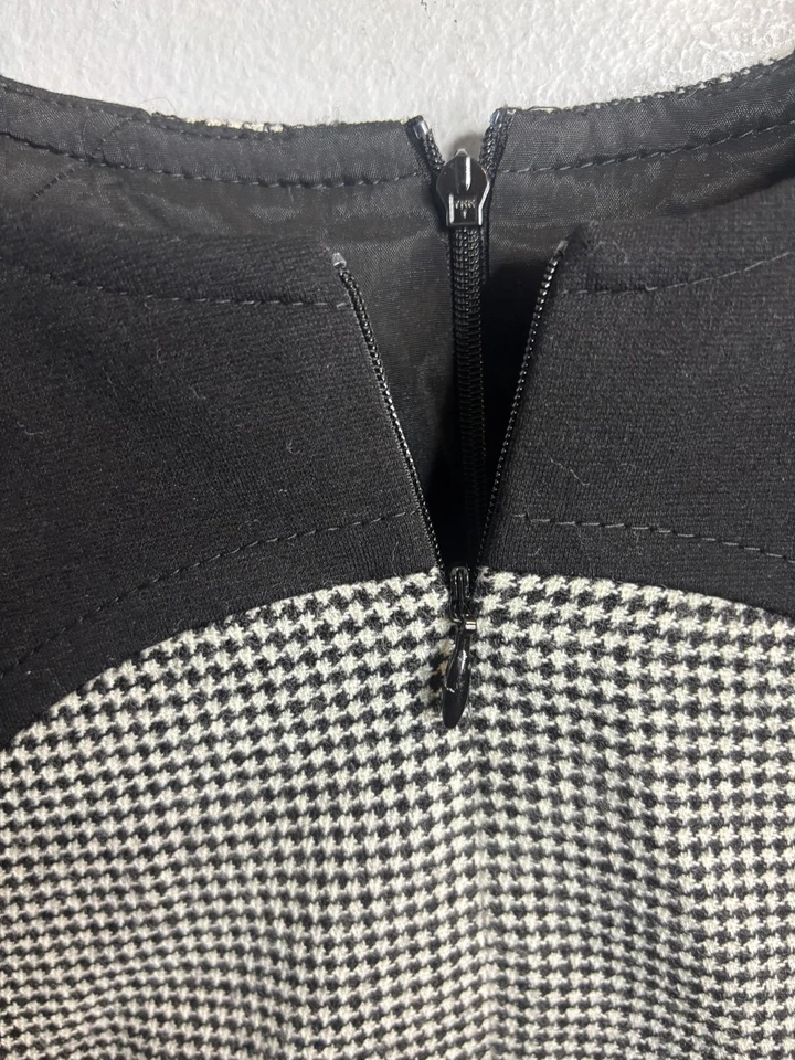 Vestido Akris Punto Mujer Talla 10 Negro Pata de Gallo Vaina Volantes Dobladillo Manga 3/4 Foto 3 de 4