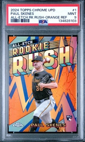 PAUL SKENES 2024 TOPPS CHROME UPDATE ALL-ETCH ROOKIE RUSH ORANGE RC /25 PSA 9