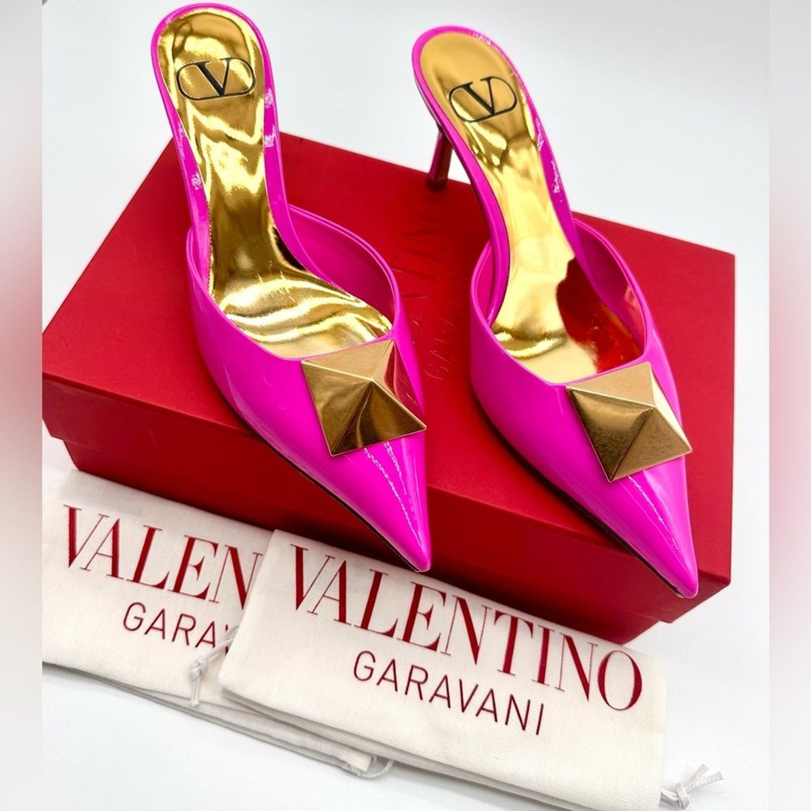 Valentino Garavani One Stud Pink Patent Leather Mules Heels EU 37.5 US 7.5 thumbnail 2