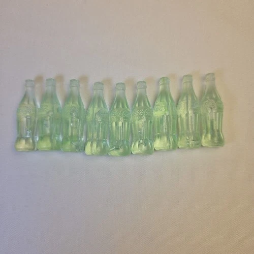 LOT of 9 Vintage Green Plastic Coca-Cola Miniatures 1.5" Tall Coke Bottles Mini