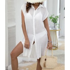 New White Shirt Short Sleeve Long Top Blouse Tunic Beach Cover Up Beach Dress