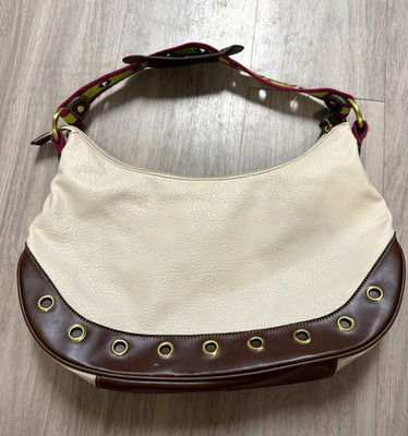 Tommy Hilfiger Crescent Hobo Bag Ivory/Brown Grommet Zip Inner Pockets