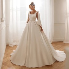 Pearls Wedding Dress Scoop Neck Sleeveless Bow Sweep Train Satin Bridal Gowns