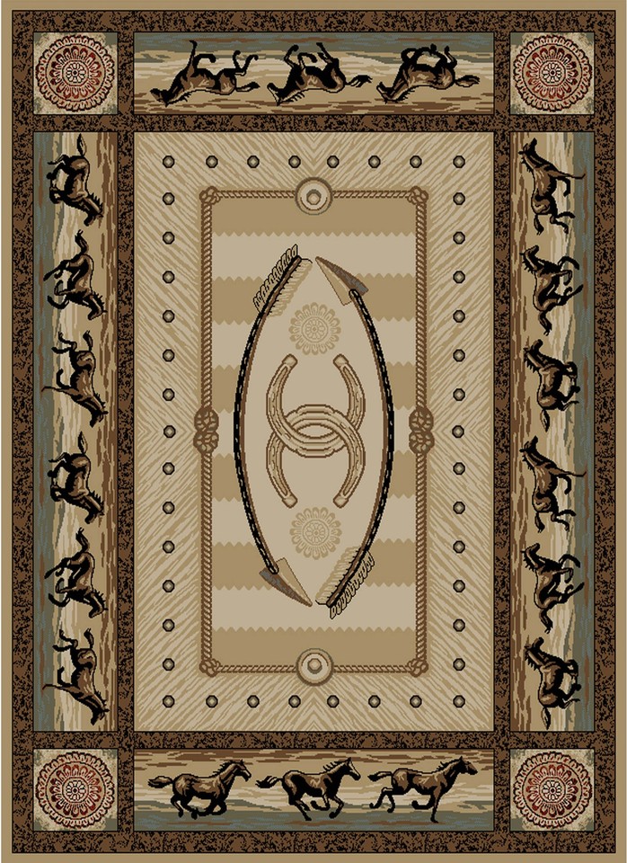Cheyenne Western Rustic Rug | Running Horses, Arrowheads, Rope Design 7 ...